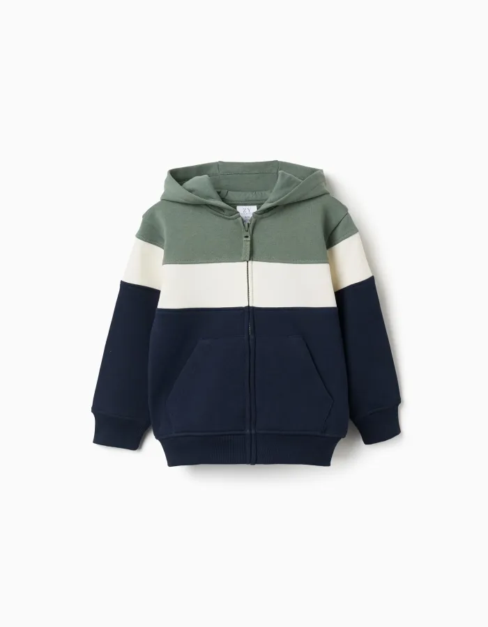 Brushed hooded jacket with colour block for boys, green/white/blue