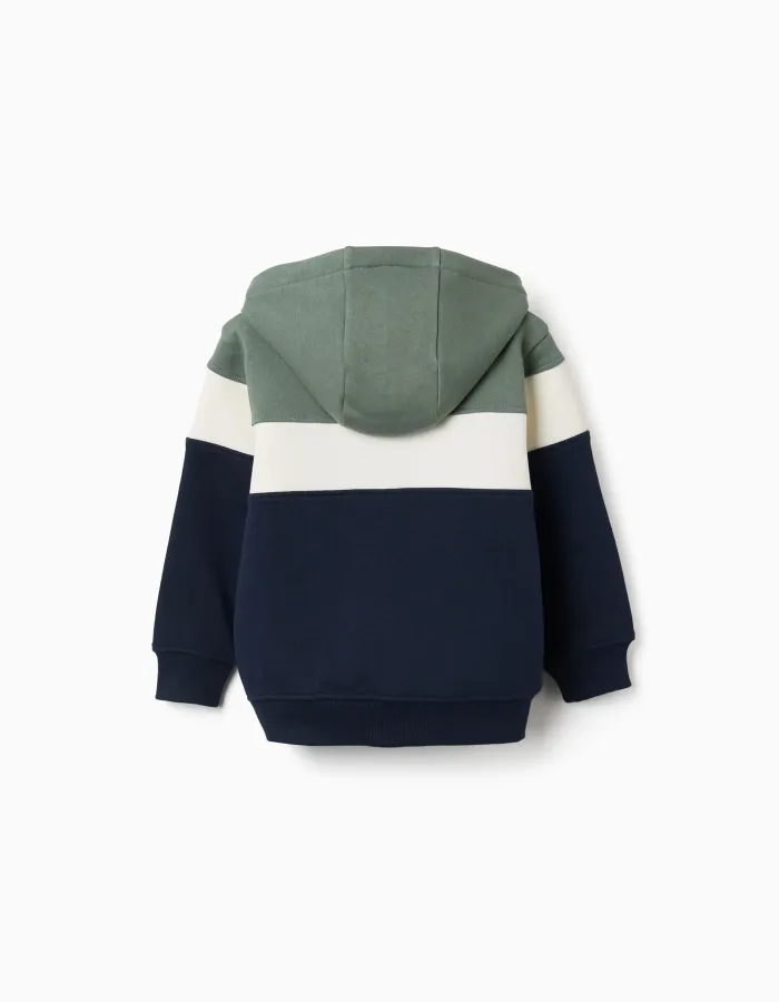 Brushed hooded jacket with colour block for boys, green/white/blue