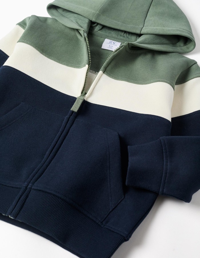 Brushed hooded jacket with colour block for boys, green/white/blue