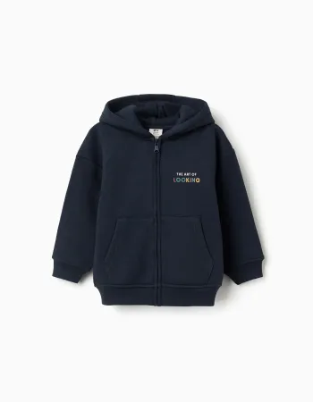 Brushed hooded jacket with Art of Looking print for boys, navy blue