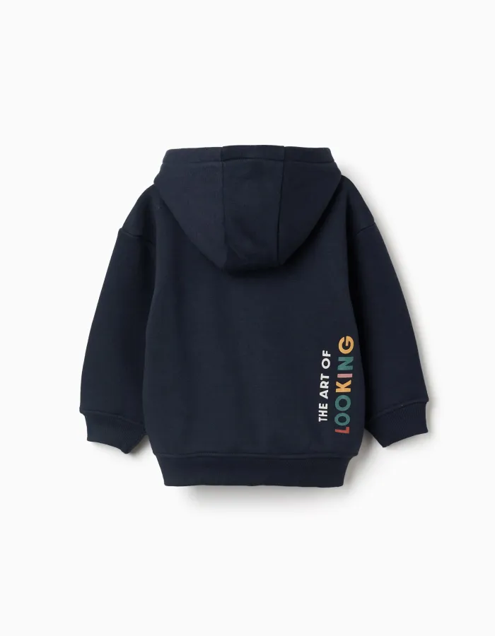 Brushed hooded jacket with Art of Looking print for boys, navy blue