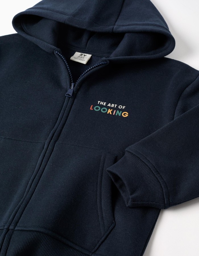 Brushed hooded jacket with Art of Looking print for boys, navy blue