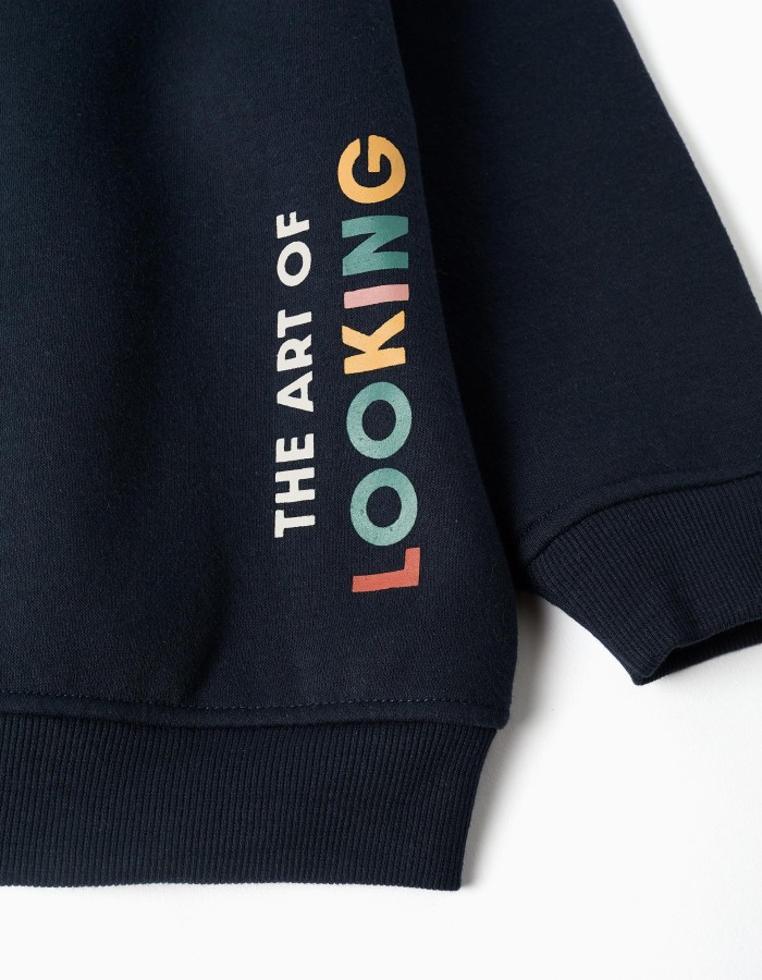 Brushed hooded jacket with Art of Looking print for boys, navy blue