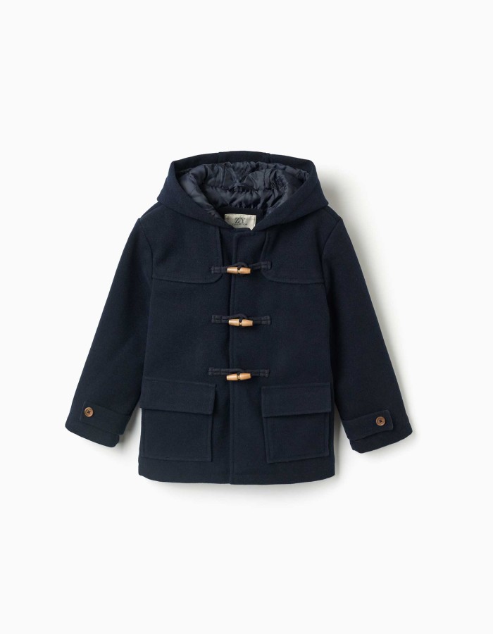Wool effect duffle coat with pockets B&S for boys, navy blue