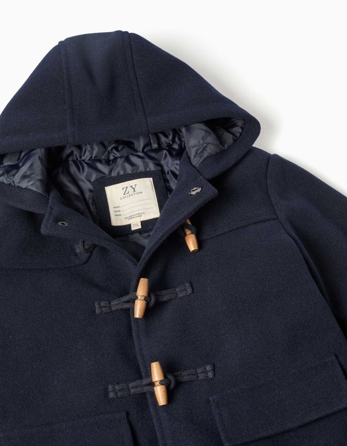 Wool effect duffle coat with pockets B&S for boys, navy blue