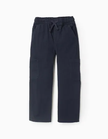 Cargo Trousers with Elasticated Waist and Drawstring for Boys, Dark Blue