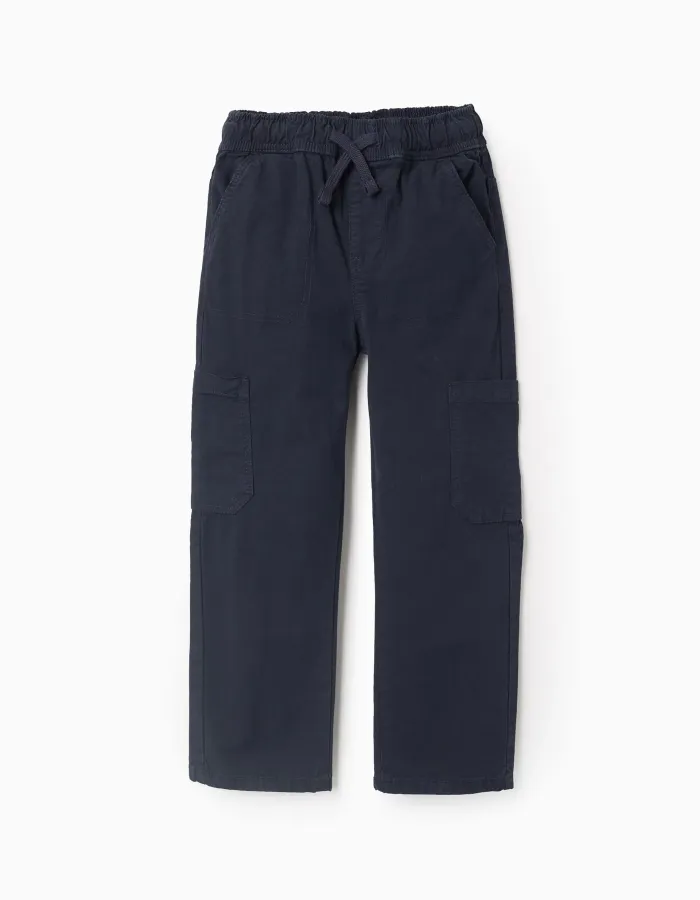 Cargo Trousers with Elasticated Waist and Drawstring for Boys, Dark Blue
