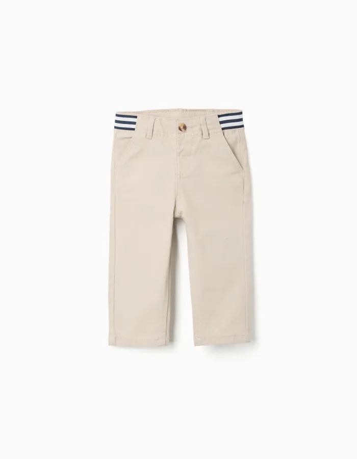 Pants cotton, front button, slant pockets, striped tape