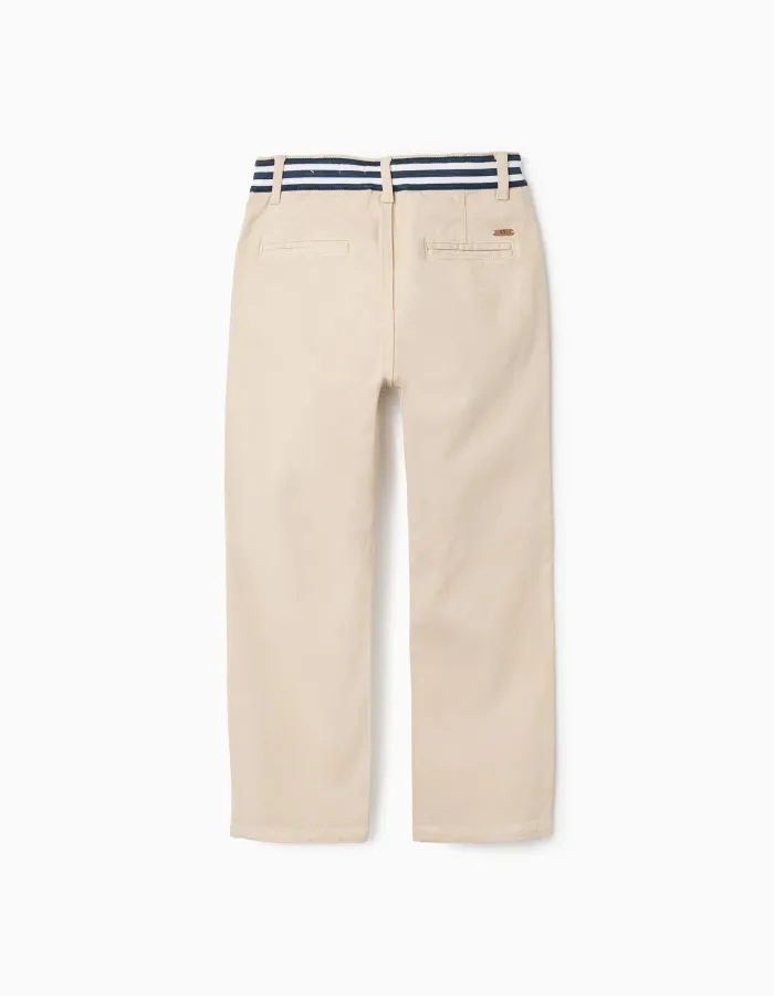 Slim fit twill chino trousers with striped tape for boys, light beige