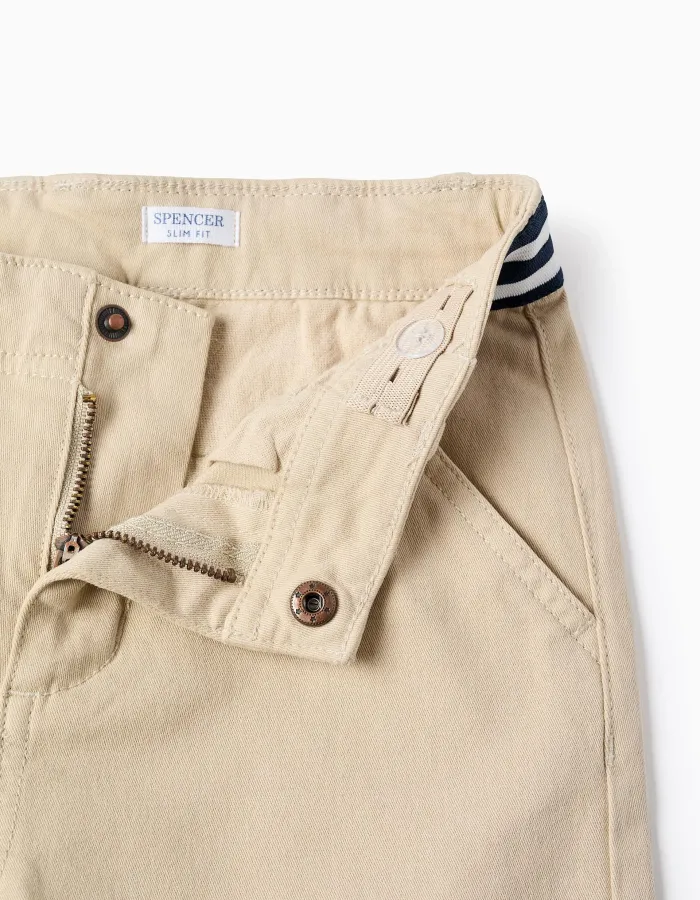 Pants cotton, front button, slant pockets, striped tape