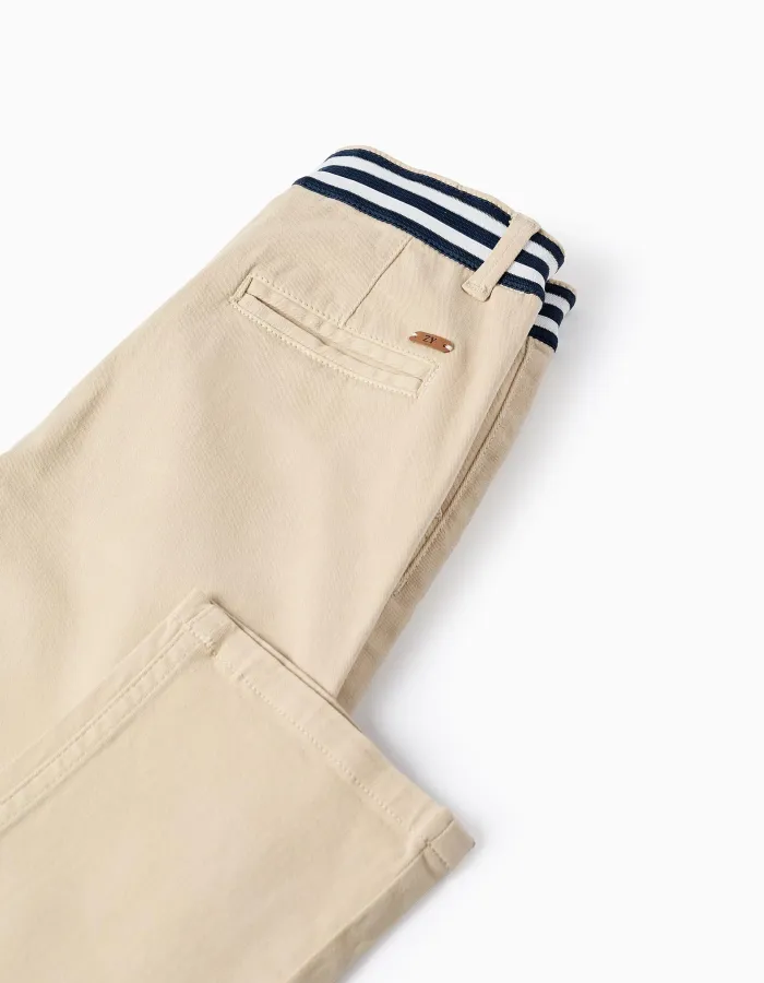 Pants cotton, front button, slant pockets, striped tape