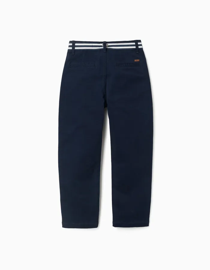 Slim fit twill chino trousers with striped tape for boys, dark blue