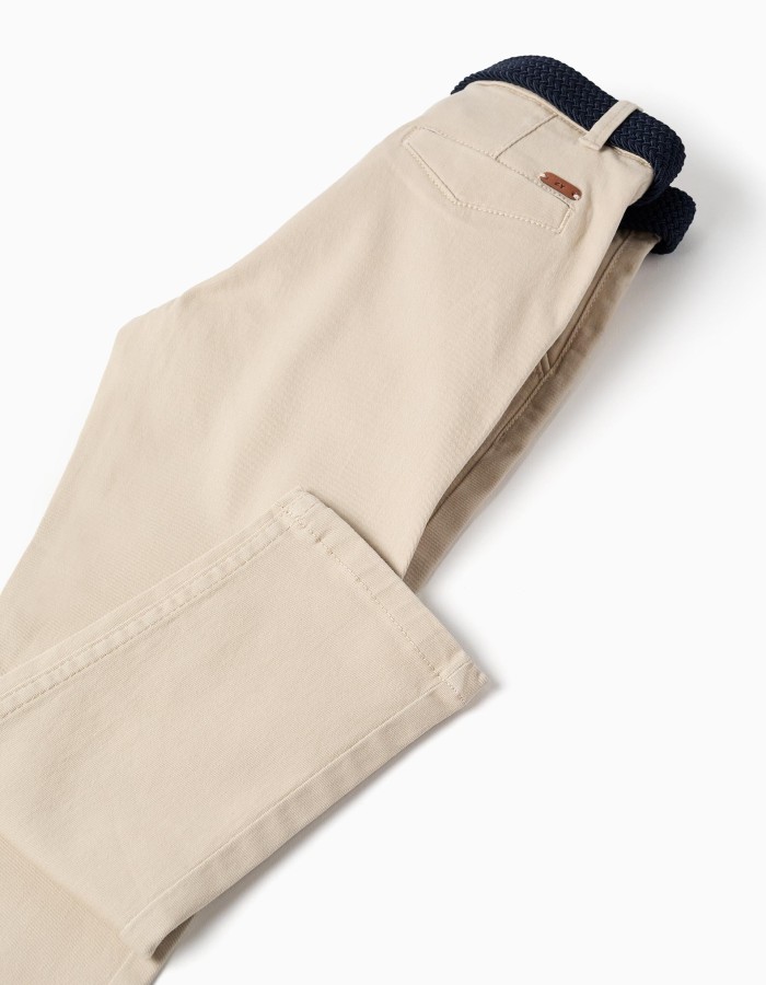 Slim fit twill chino trousers with belt for boys, light beige