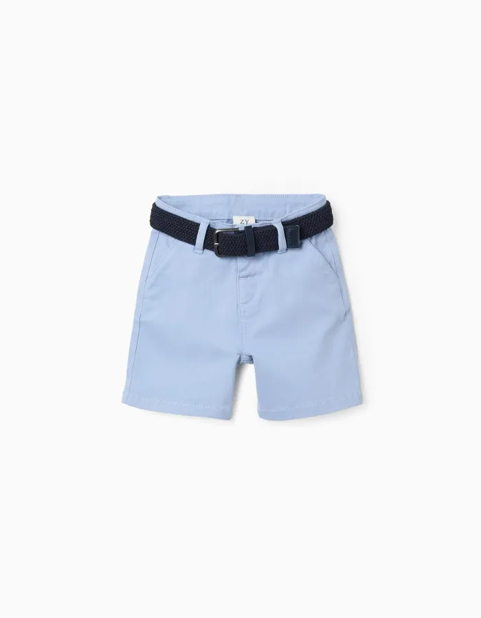 Twill midi shorts with belt for baby boys, light blue