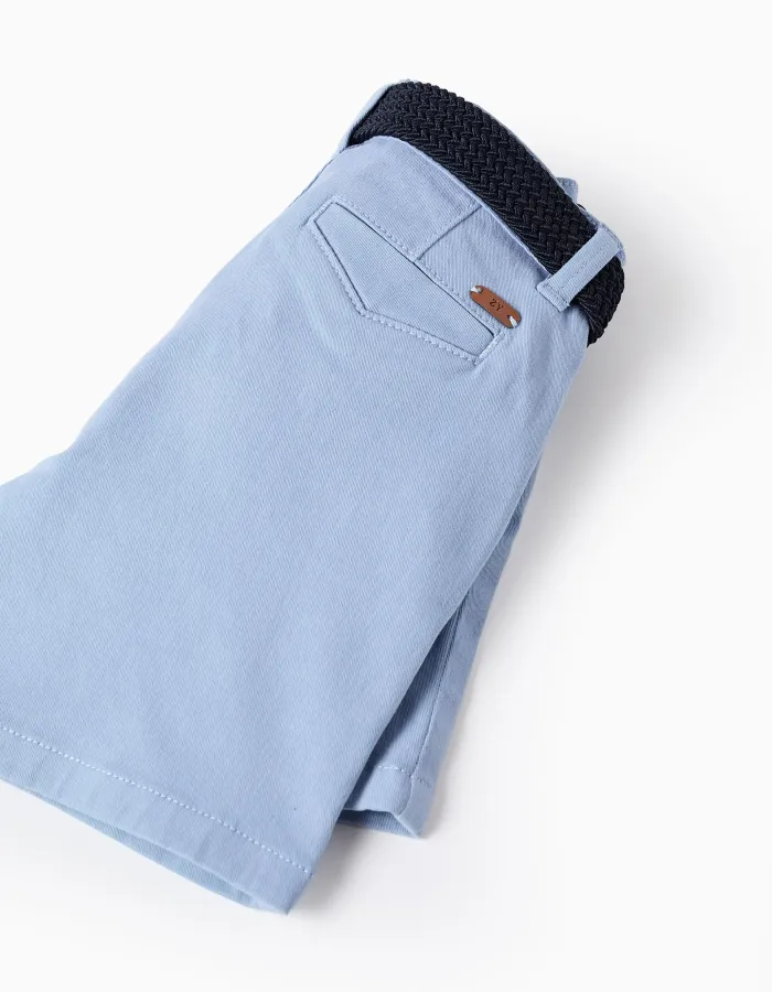 Twill midi shorts with belt for baby boys, light blue
