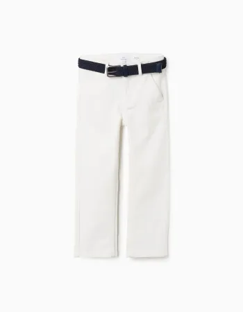 Slim fit twill chino trousers with belt for boys, white