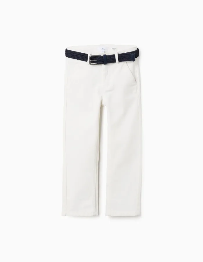Slim fit twill chino trousers with belt for boys, white