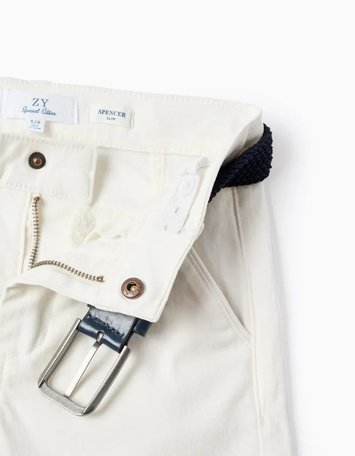 Slim fit twill chino trousers with belt for boys, white