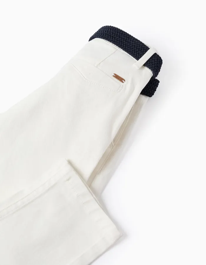 Slim fit twill chino trousers with belt for boys, white