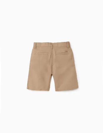 Long chino shorts in linen and cotton for boys, dark beige