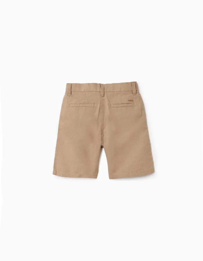 Long chino shorts in linen and cotton for boys, dark beige