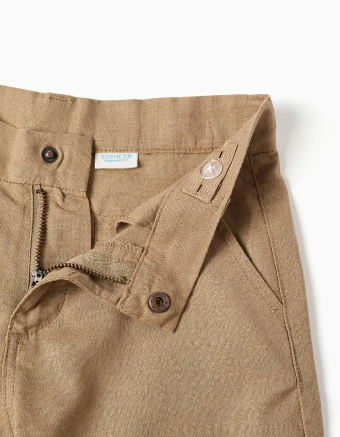 Long chino shorts in linen and cotton for boys, dark beige
