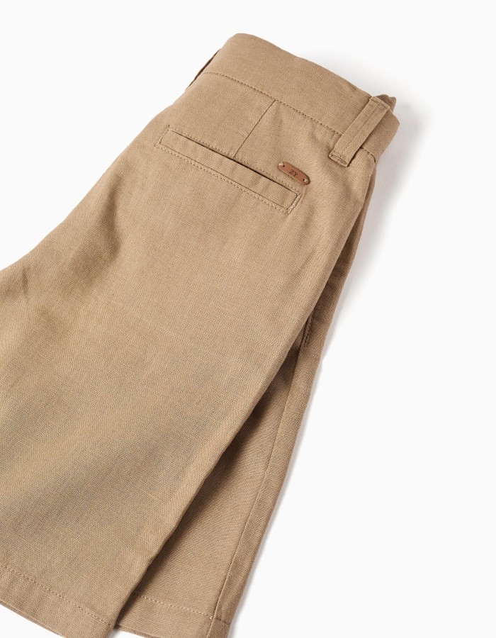 Long chino shorts in linen and cotton for boys, dark beige