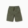 Long twill cargo shorts with drawstring for boys, dark green