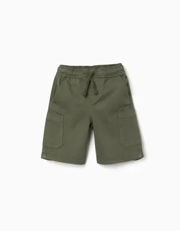 Long twill cargo shorts with drawstring for boys, dark green