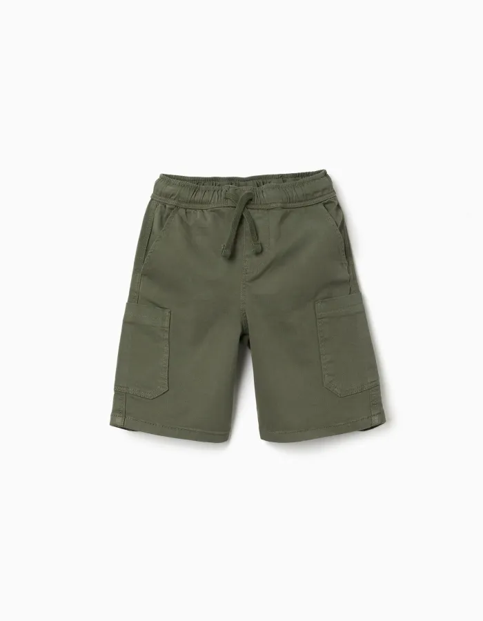 Long twill cargo shorts with drawstring for boys, dark green