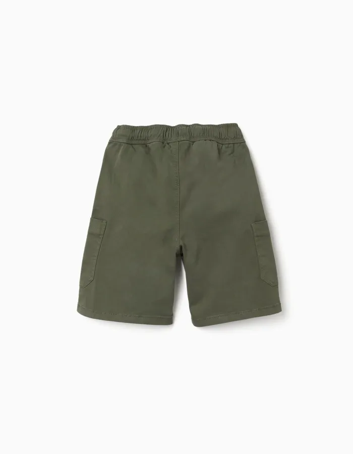 Long twill cargo shorts with drawstring for boys, dark green