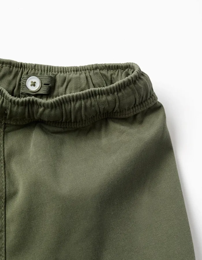 Long twill cargo shorts with drawstring for boys, dark green