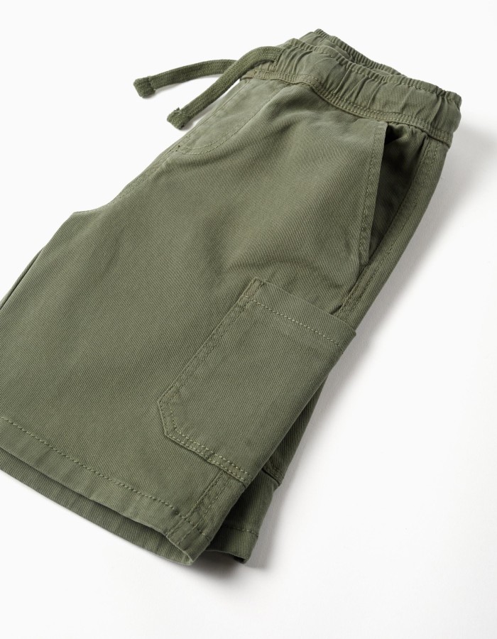 Long twill cargo shorts with drawstring for boys, dark green