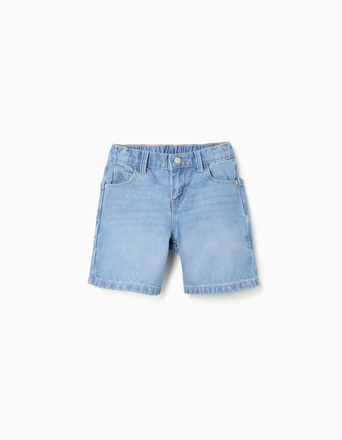 Cotton denim midi shorts with pockets for boys, light blue