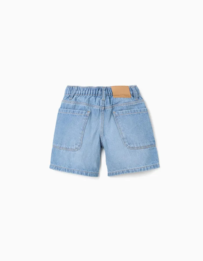 Cotton denim midi shorts with pockets for boys, light blue