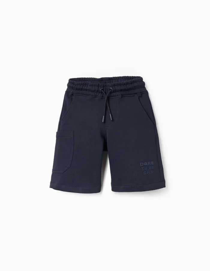 Cotton midi shorts with drawstring and cargo pocket for boys, dark blue