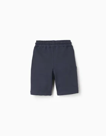 Cotton midi shorts with drawstring and cargo pocket for boys, dark blue