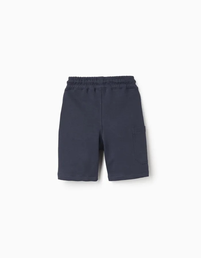 Cotton midi shorts with drawstring and cargo pocket for boys, dark blue