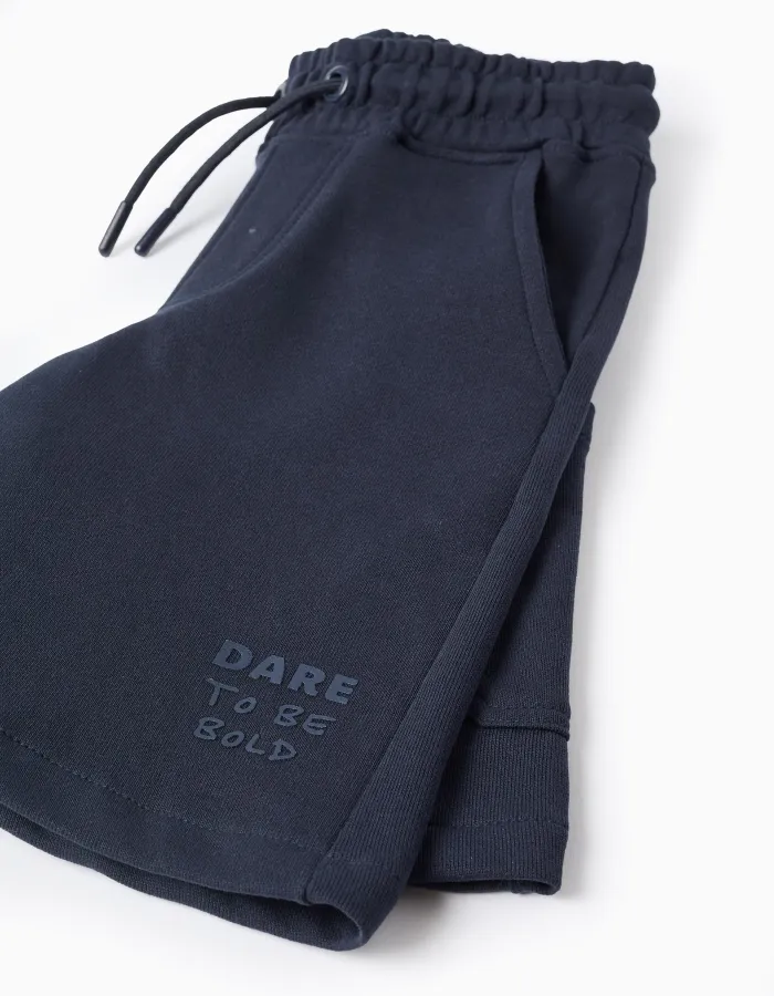 Cotton midi shorts with drawstring and cargo pocket for boys, dark blue