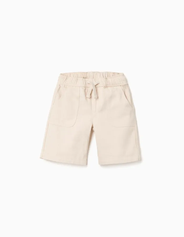 Midi twill shorts with drawstring for boys, light beige