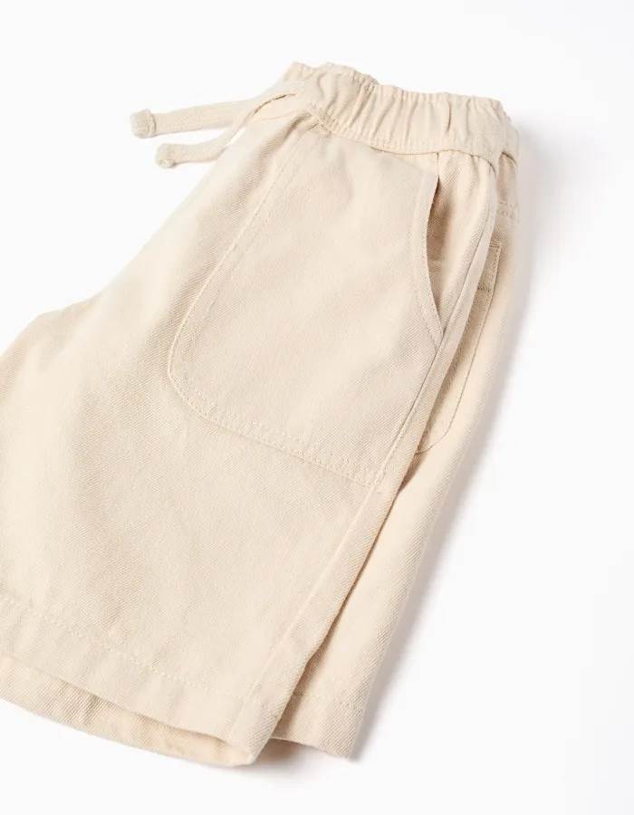 Midi twill shorts with drawstring for boys, light beige