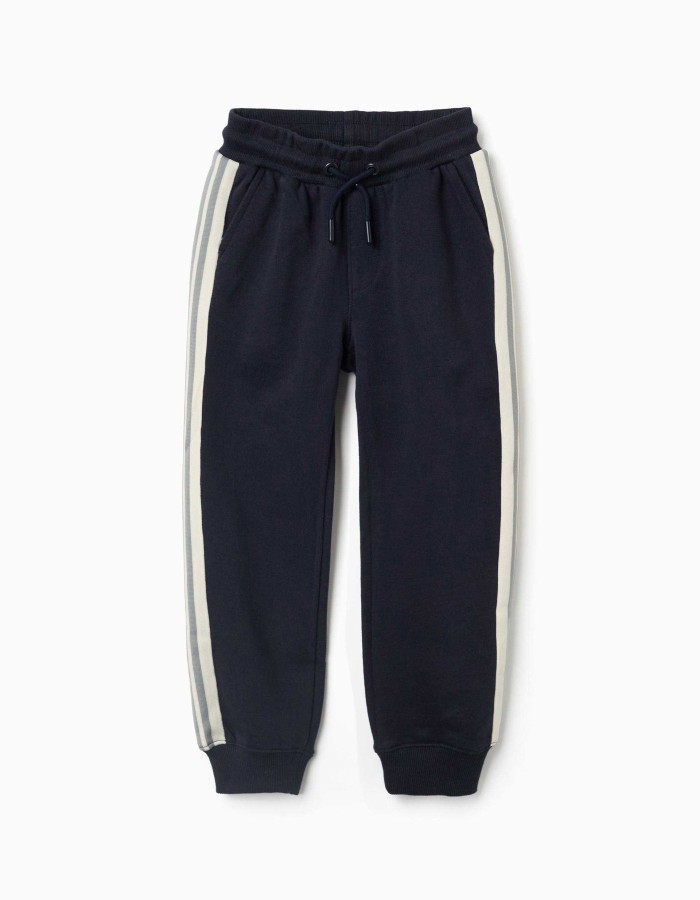 Cotton joggers with striped tape for boys, navy blue/beige/green