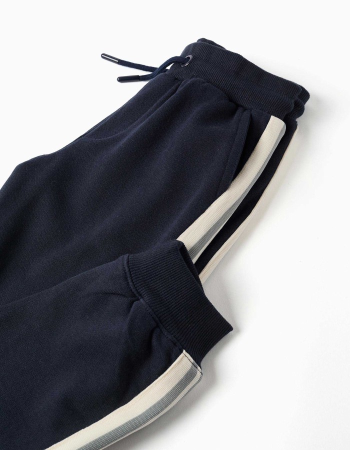 Cotton joggers with striped tape for boys, navy blue/beige/green