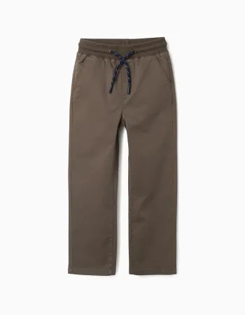 Straight fit twill trousers with drawstring for boys, brown