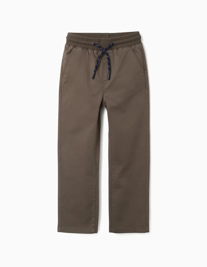Straight fit twill trousers with drawstring for boys, brown