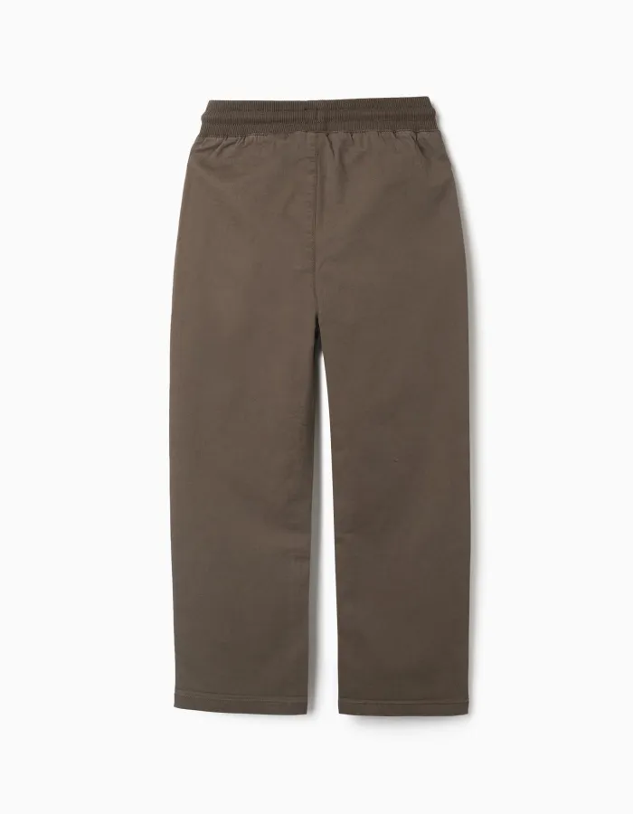 Straight fit twill trousers with drawstring for boys, brown