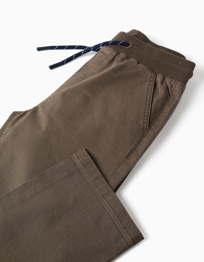 Straight fit twill trousers with drawstring for boys, brown