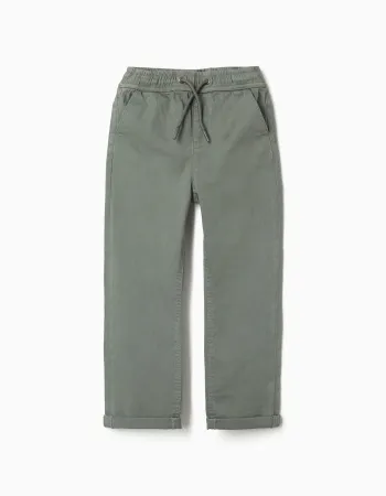 Slim fit twill trousers with drawstring for boys, dark green