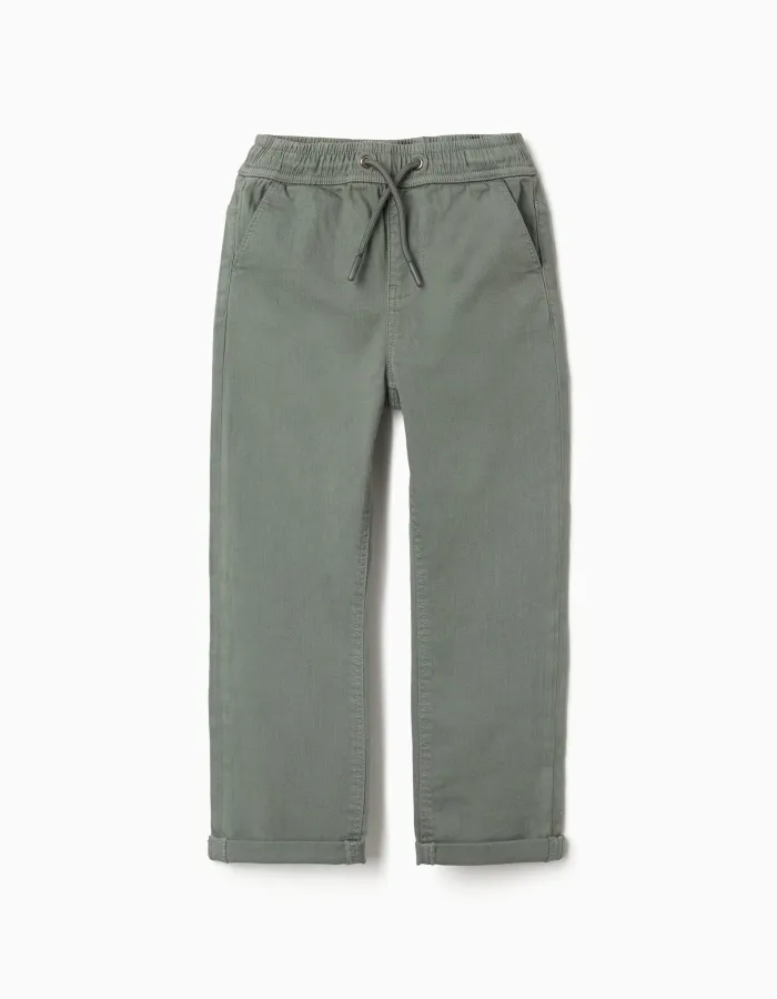 Slim fit twill trousers with drawstring for boys, dark green