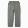 Slim fit twill trousers with drawstring for boys, dark green